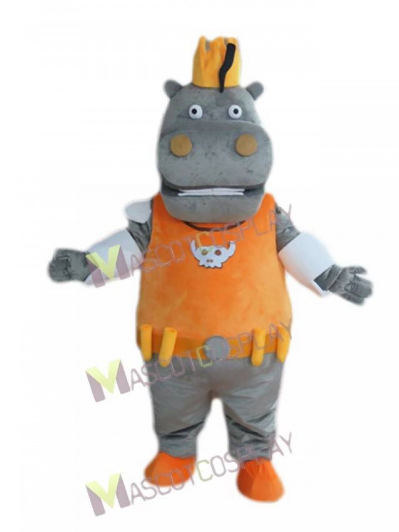 Cute Gray Hippo Hippopotamus King in Orange Vest Mascot Costume