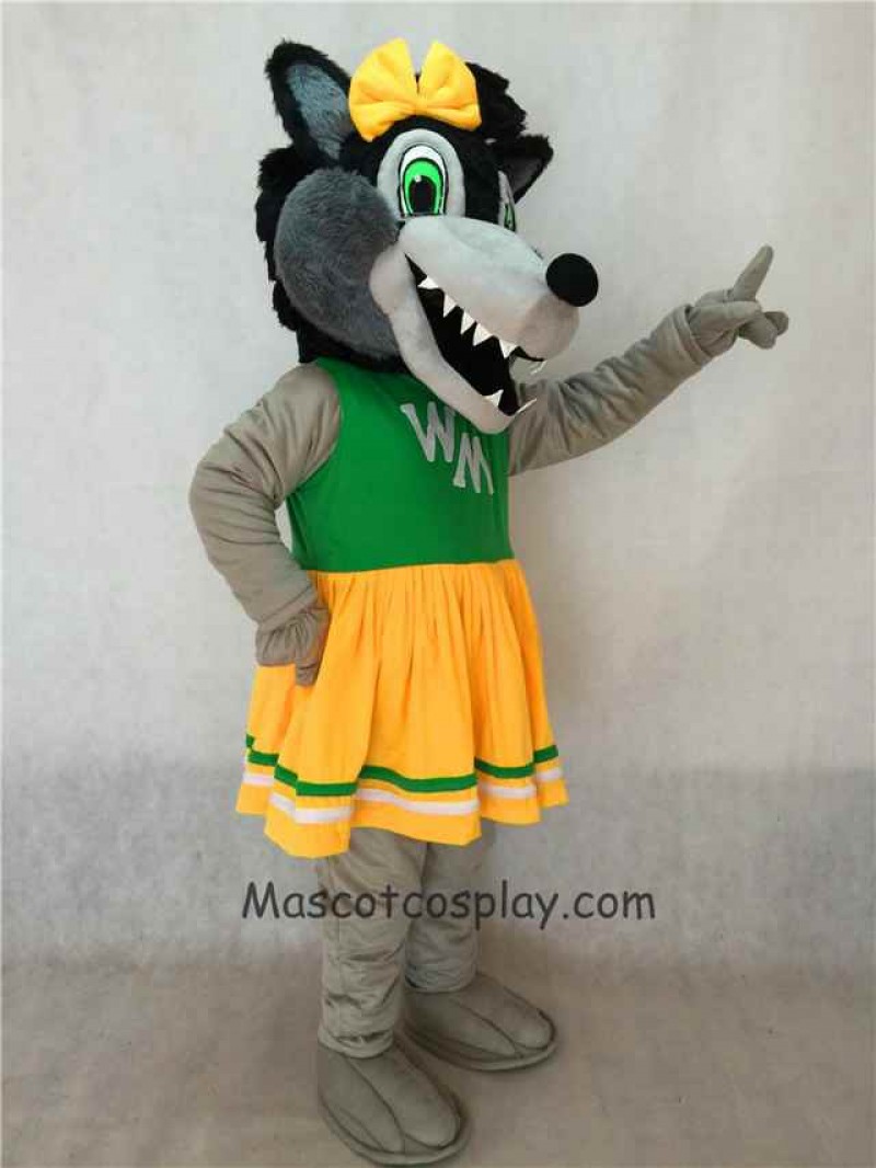 New Grey Big Female Wolf Mascot Costume with Green and Yellow Dress
