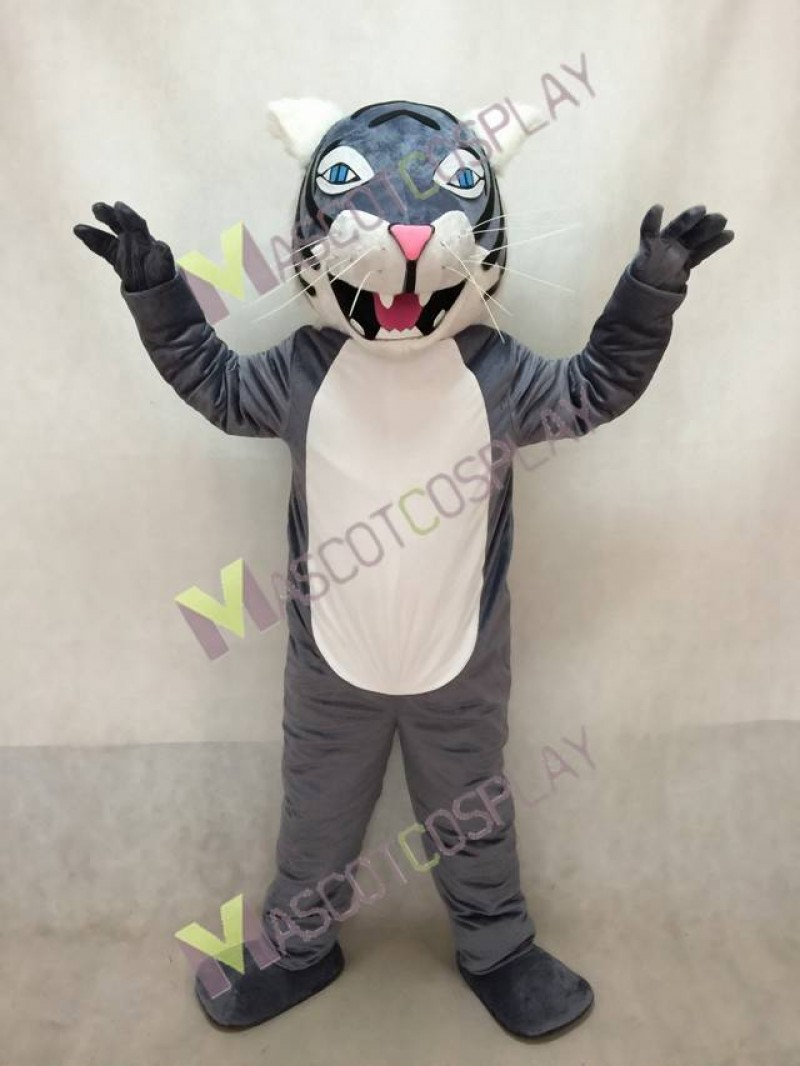 Adult Gray Wildcat Mascot Costume with Blue Eyes