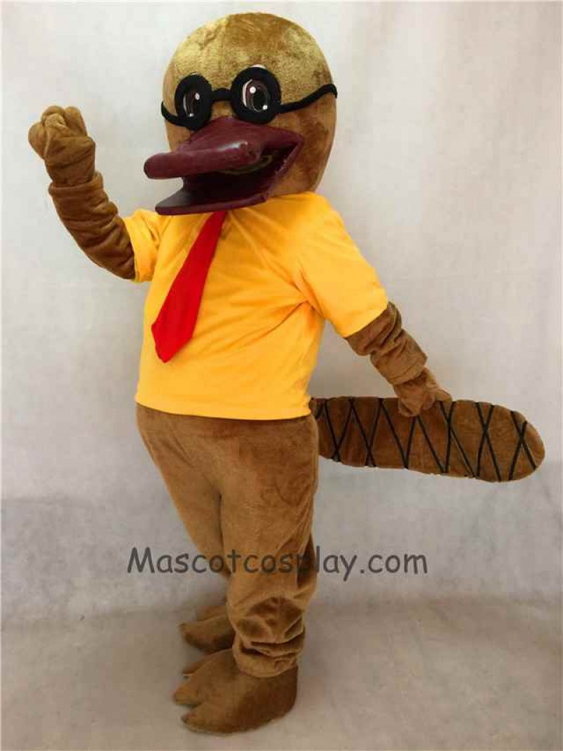 High Quality Cartoon Platypus with Glasses Mascot Costume in Yellow T-shirt