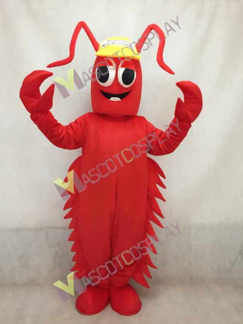 Red Conrad Crawdad Mascot Costume in Yellow Cap