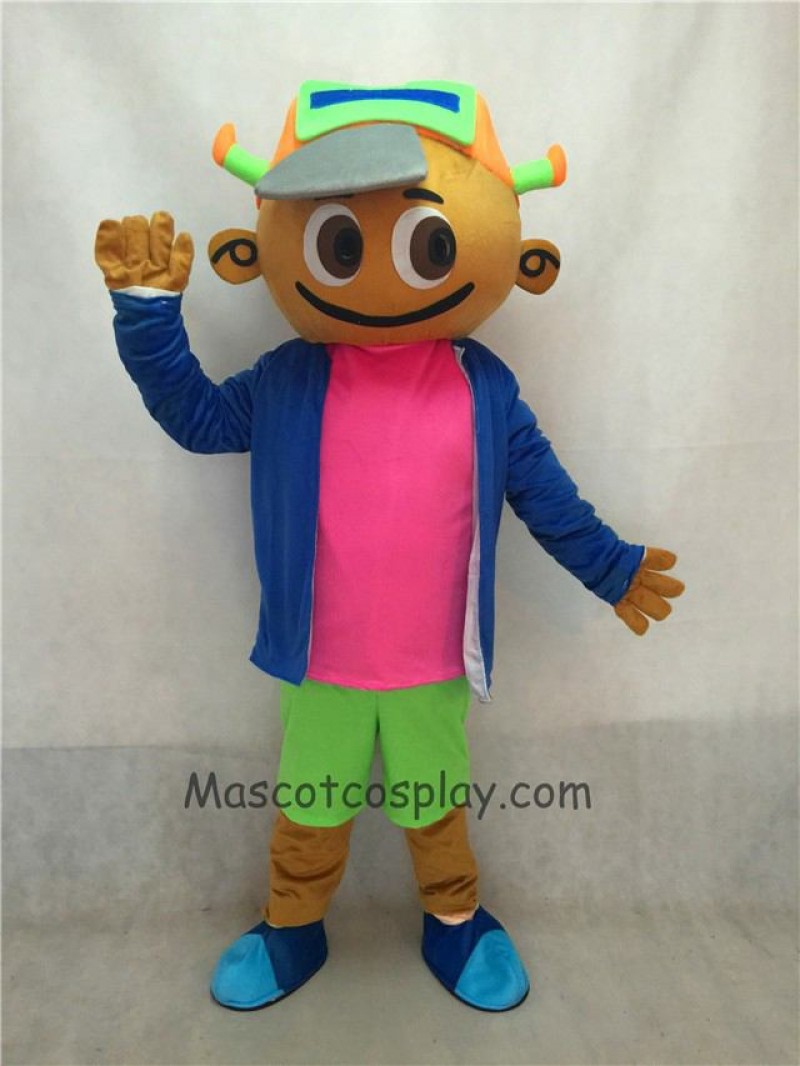 Cute Cap Boy in Blue Coat and Green Pants Mascot Costume