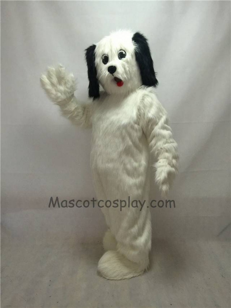 Cute White Shaggy Maggy Dog Plush Mascot Costume with Black Ears