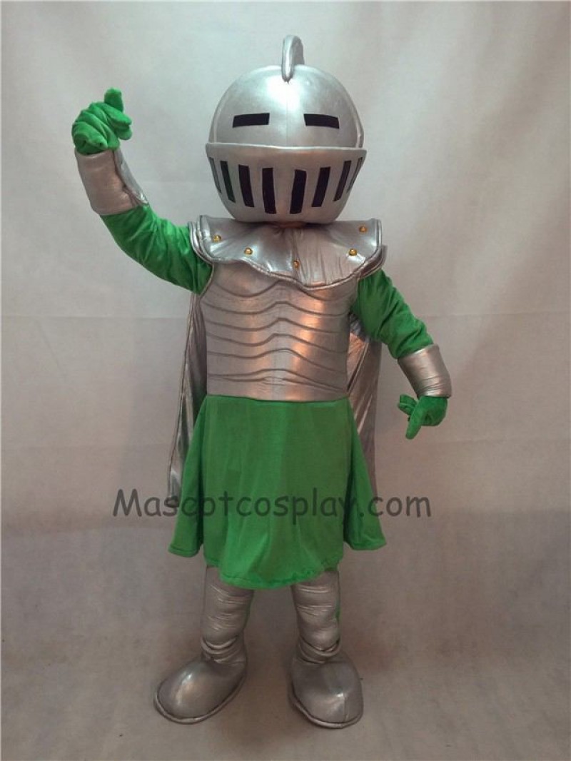 Fierce Silver Knight Mascot Costume with Green Clothing