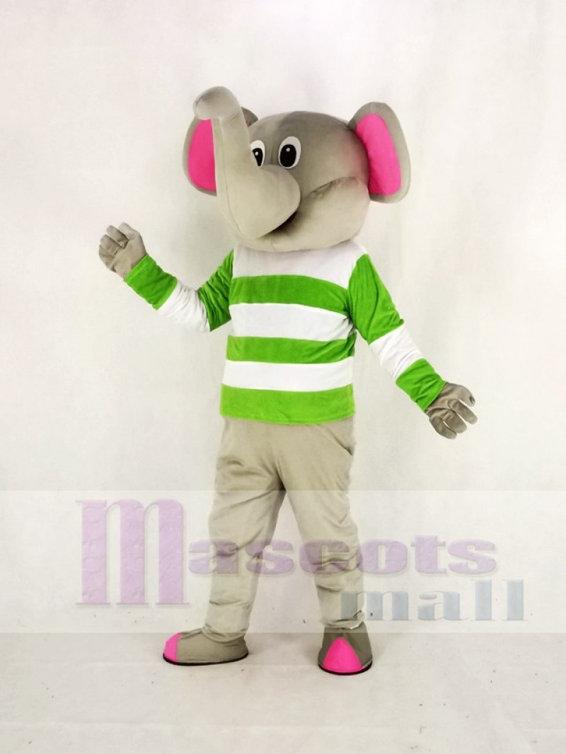 Gray Elephant with Green and White Cloth Mascot Costume Animal