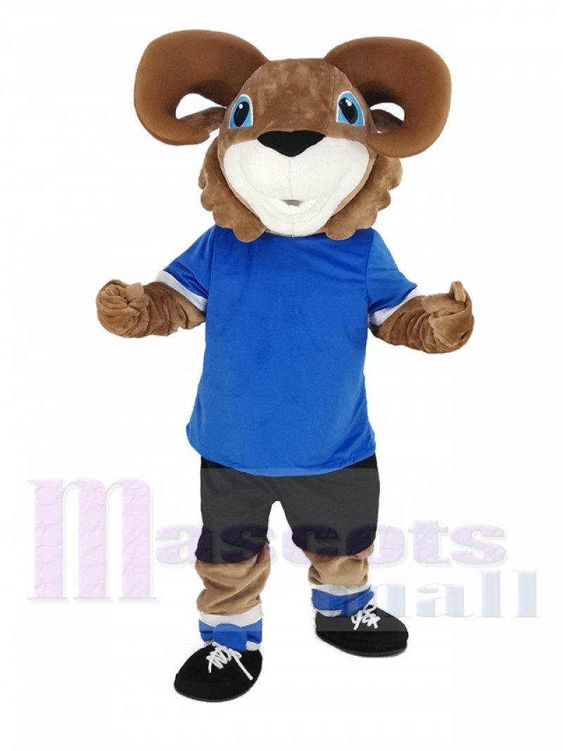 Brown Ram with Blue T-shirt Mascot Costume Animal