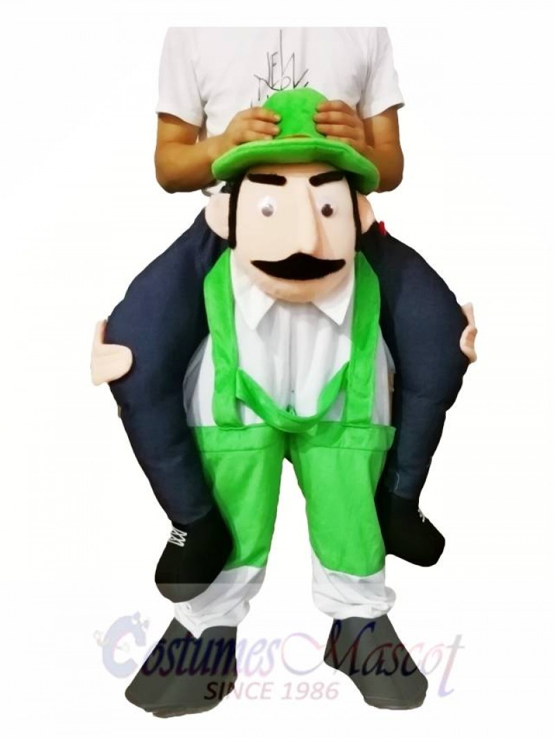 Piggyback Bearded Uncle Carry Me Ride Green Overalls Man Mascot Costume