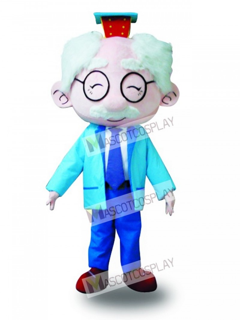 Blue Suit Glasses Old Man Mascot Costume Cartoon