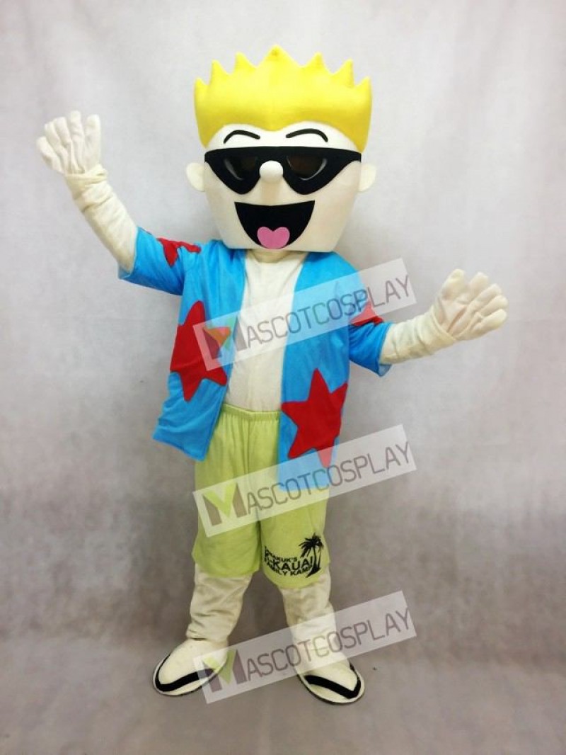 Cool Sunglasses Boy Mascot Costume in Blue Shirt