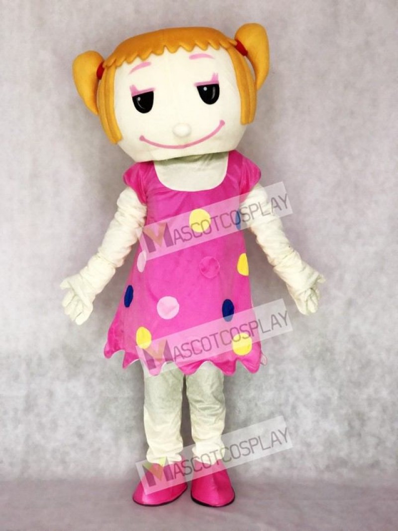 Solid Hair Girl in Pink Dress Adult Mascot Costume