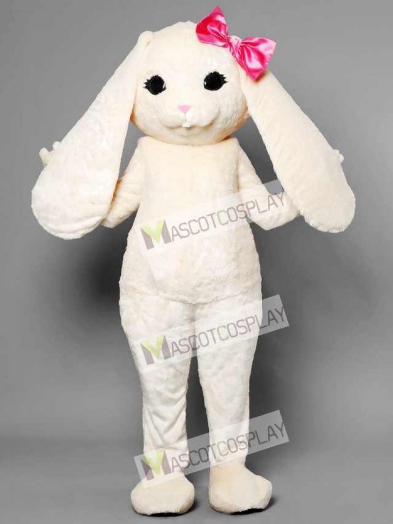 White Bunny Easter Rabbit Hare with Pink Bow Mascot Costume