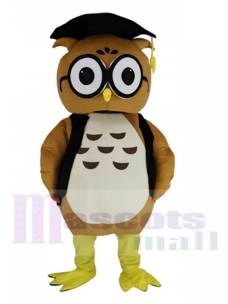 Brown Doctor Owl in Black Vest Mascot Costume