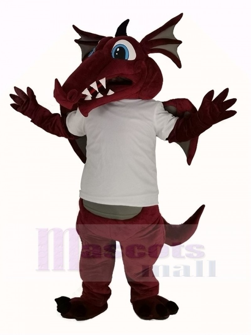Wine Color Dragon in White T-shirt Mascot Costume