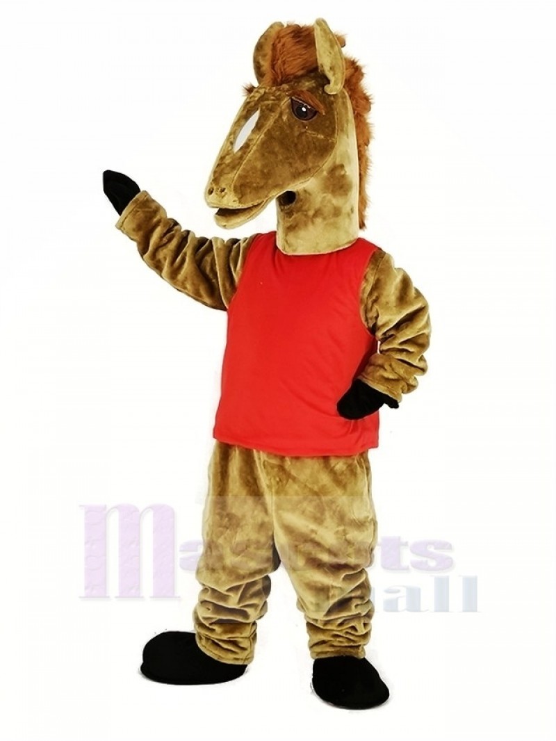 Brown Mustang with Red Vest Mascot Costume Animal