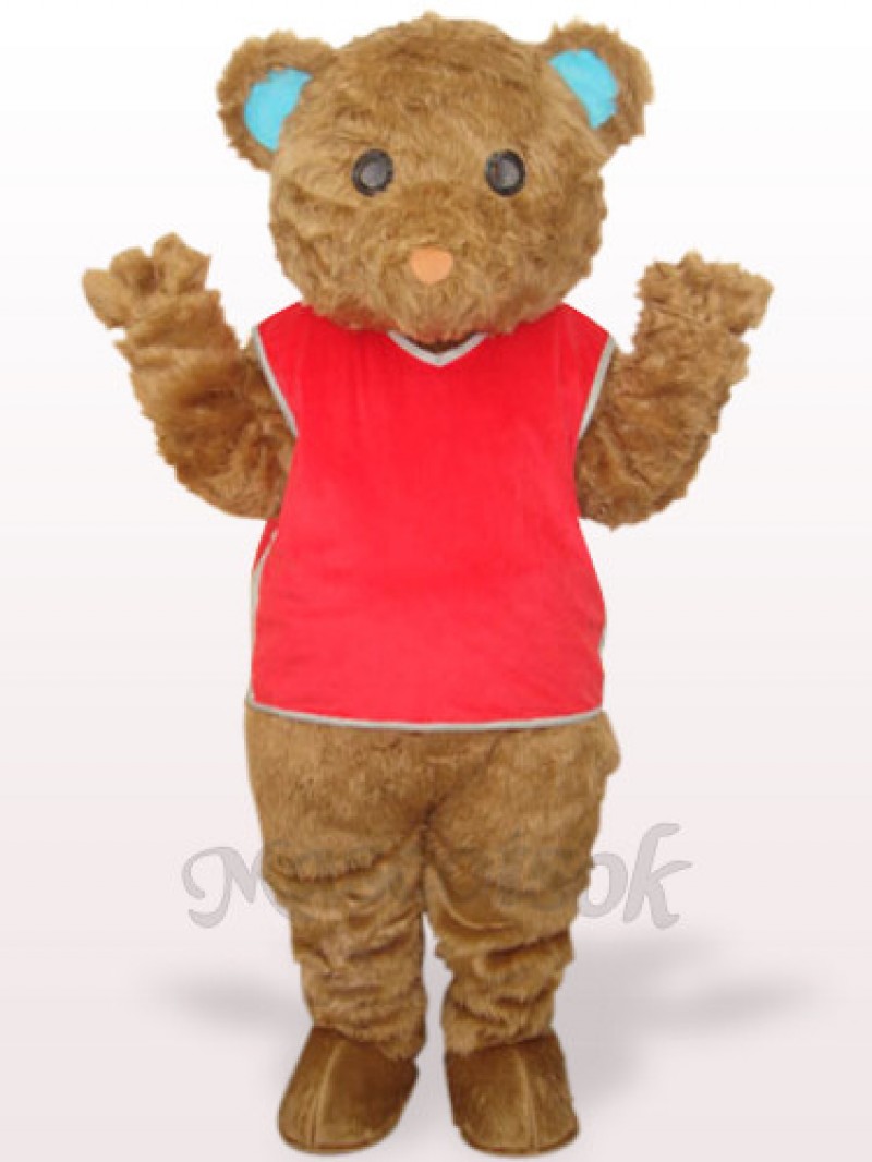 Brown Long Hair Bear With Red Waistcoat Plush Adult Mascot Costume