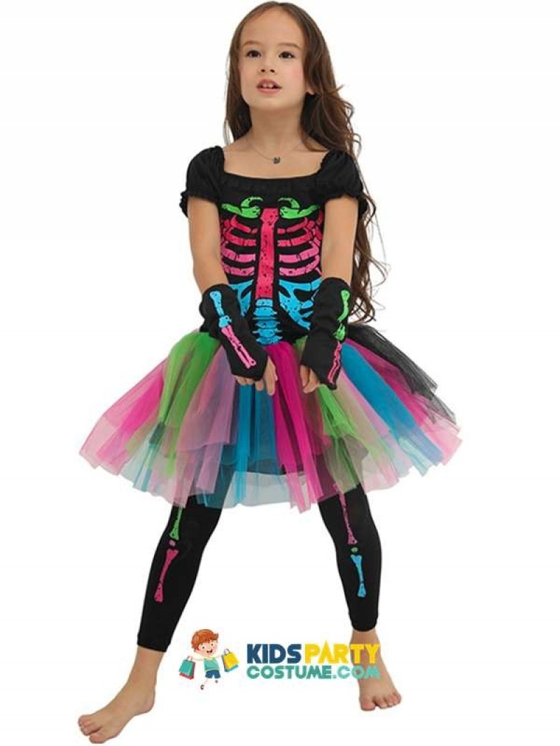 Girls Funky Punky Bones Costume Child Skeleton Rocker Cosplay Tutu Dress Fancy Dress Costume