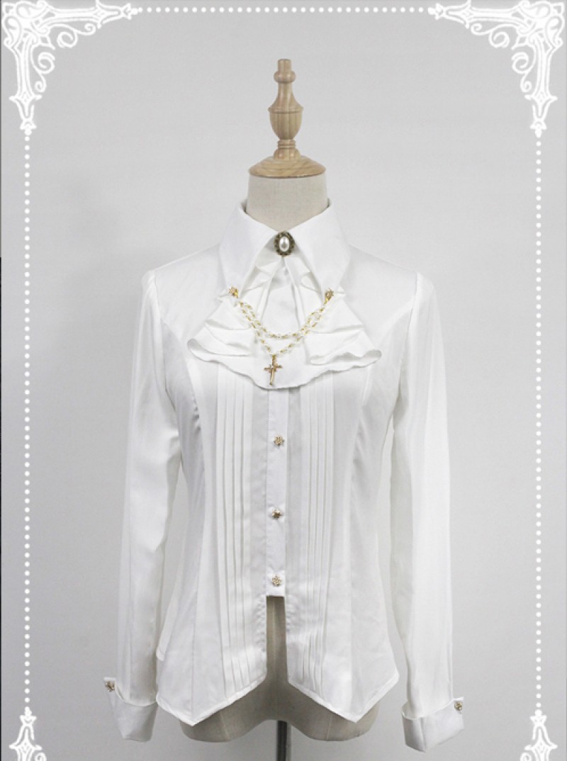 White Long Sleeve Cotton Stand Collar Bead Chain Lolita Blouse