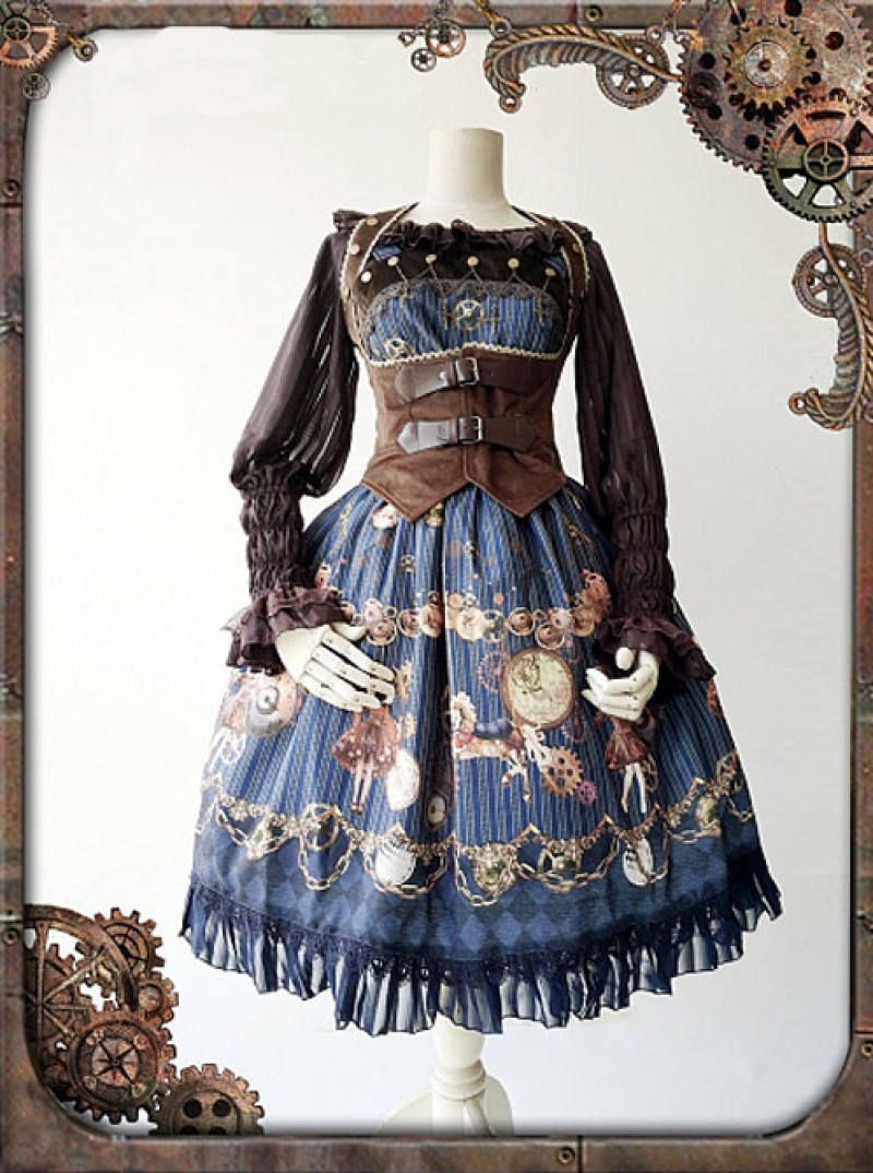 Dark Blue Mechanical Doll Bow Belt Dress