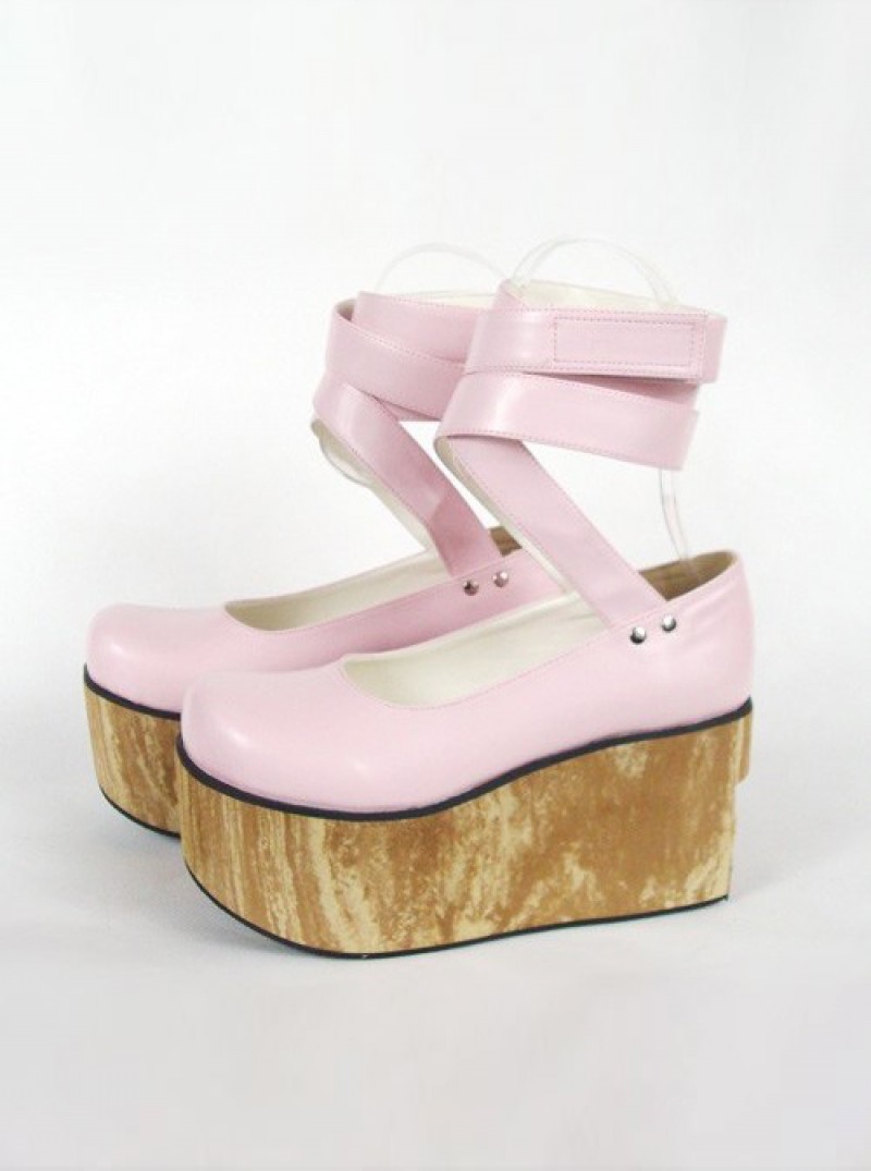 Pink 3.7" Heel High Beautiful PU Round Toe Ankle Straps Platform Women Lolita Shoes