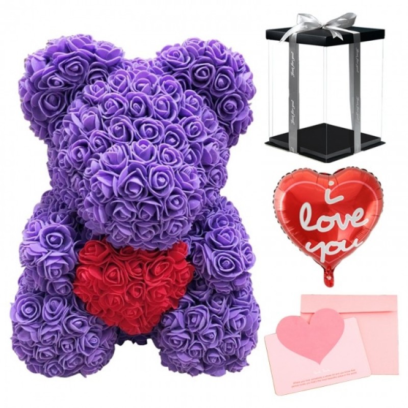 Purple Rose Teddy Bear Flower Bear with Red Heart with Balloon, Greeting Card & Gift Box for Mothers Day, Valentines Day, Anniversary, Weddings & Birthday