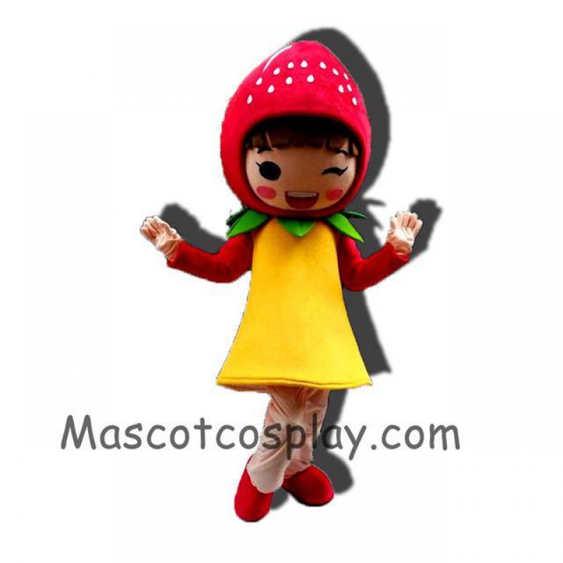 High Quality Realistic New Red Fruit Strawberry Girl Mascot Costume with Yellow Dress