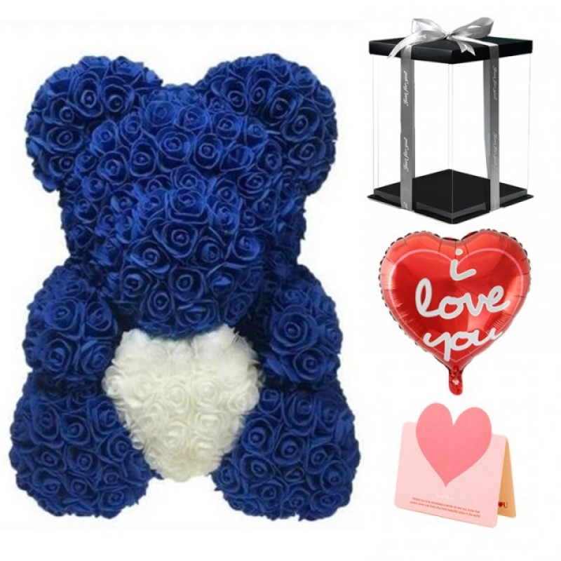 Deep Blue Rose Teddy Bear Flower Bear with White Heart Best Gift for Mother's Day, Valentine's Day, Anniversary, Weddings and Birthday