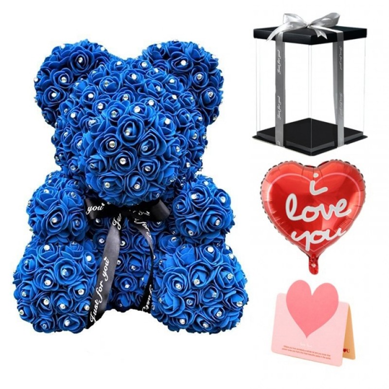 Diamond Royal Blue Rose Teddy Bear Flower Bear Best Gift for Mother's Day, Valentine's Day, Anniversary, Weddings and Birthday