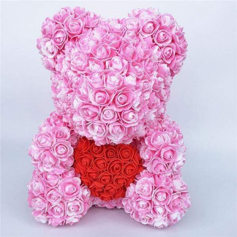 Newstyle Pink Rose Teddy Bear Flower Bear with Red Heart Best Gift for Mother's Day, Valentine's Day, Anniversary, Weddings and Birthday