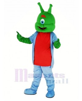 Green Alien with Blue Coat Mascot Costume Cartoon