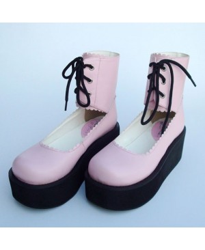 Pink 2.6" Heel High Adorable PU Round Toe Cross Straps Platform Girls Lolita Shoes