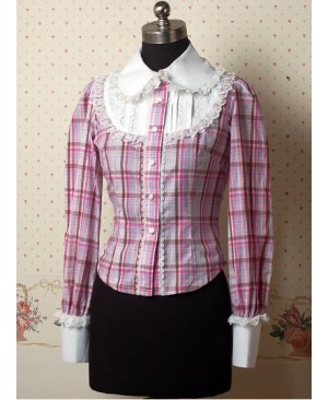 Pink Check Patten Long Sleeves Ruffle Lolita Shirt