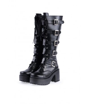 Black 2.2" Heel PU Straps Buckles Punk Rock Women's Gothic Lolita High Heel Boots