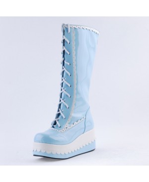 Sky Blue 2.8" High Heel Cute PU Round Toe Sweet Girls Lolita Boots