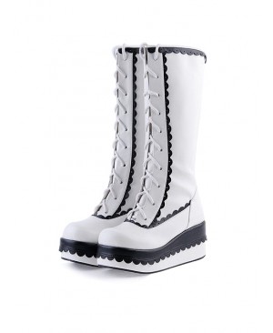 Black and White 2.8" Lovely PU Round Toe Sweet Girls Lolita Boots