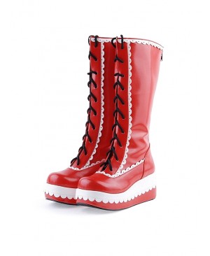 Red and White 2.8" Stylish PU Round Toe Sweet Girls Lolita Boots
