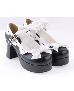 Black & White 3" High Heel Elegant Polyurethane Round Toe Strap Bow Decoration Platform Girls Lolita Shoes