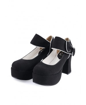 Black 3.7" High Heel Romantic Flannel Round Toe Bandage Platform Girls Lolita Shoes