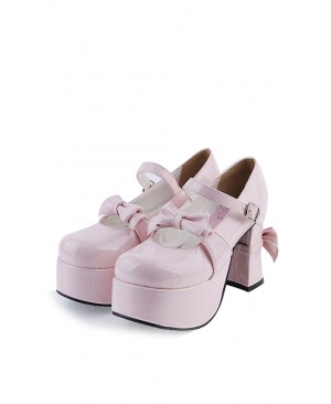 Pink 3.7" High Heel Lovely Polyurethane Round Toe Strap Bow Platform Girls Lolita Shoes