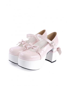 Pink & White 3.7" High Heel Adorable Synthetic Leather Round Toe Strap Bow Decoration Platform Girls Lolita Shoes