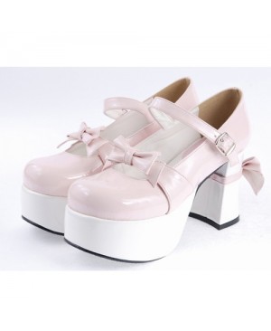 Pink & White 3.7" High Heel Adorable Synthetic Leather Round Toe Strap Bow Decoration Platform Girls Lolita Shoes