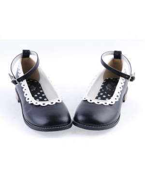 Black 1" High Heel Beautiful Polyurethane Round Toe Ankle Straps Polka Dot Pattern Insole Platform Girls Lolita Shoes