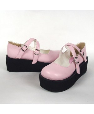 Pink 2.6" Heel High Classic Synthetic Leather Round Toe Cross Straps Platform Girls Lolita Shoes
