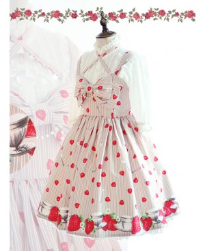 Fashion Strawberry Printing High Waist Light Brown Sweet Lolita Sling Dress
