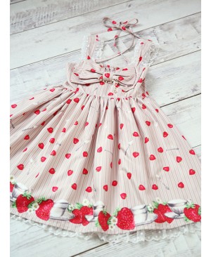 Fashion Strawberry Printing High Waist Light Brown Sweet Lolita Sling Dress