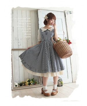 Pastoral Style Lattice Fake Two Pieces Sweet Lolita Short Sleeves Dress