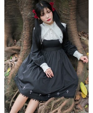 Unknown Poem Series Cross Embroidery Gothic Lolita Black Long Sleeve Dress
