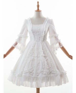 Pure White Retro Gorgeous Trumpet Sleeve Classic Lolita Wedding Dress