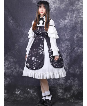 BTOCHK Chinese Style Black Printing Classic Lolita White Long Sleeve Dress Set