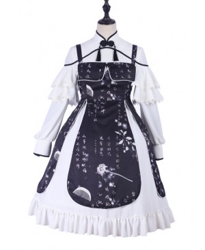BTOCHK Chinese Style Black Printing Classic Lolita White Long Sleeve Dress Set