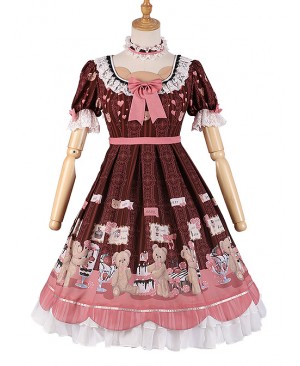Little Bear Dessert Series OP Printing Pink Bowknot Sweet Lolita Short Sleeve Dress